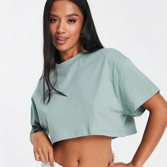 ASOS DESIGN Petite super crop T-shirt in teal: US 2 - Picture 1 of 3